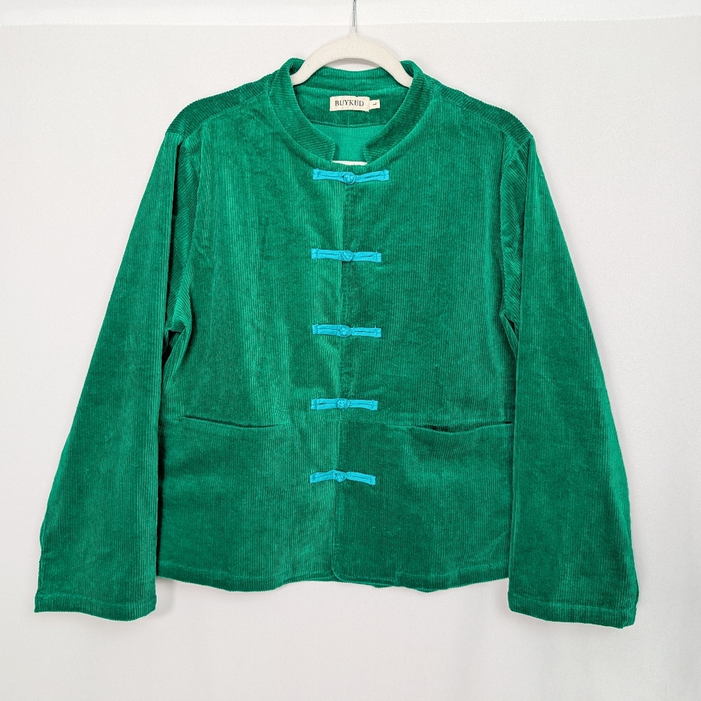 Buykud Asian Inspired Frog Toggle Buttons Corduroy Jacket Coat - Picture 2 of 11